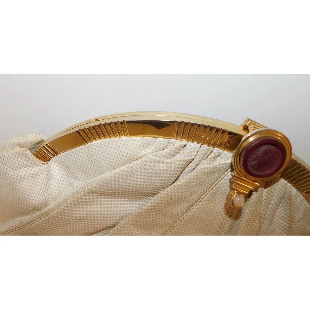 Judith Leiber Large Beige Karung Leather‎ Pink Quartz Cameo Clutch Shoulder Bag